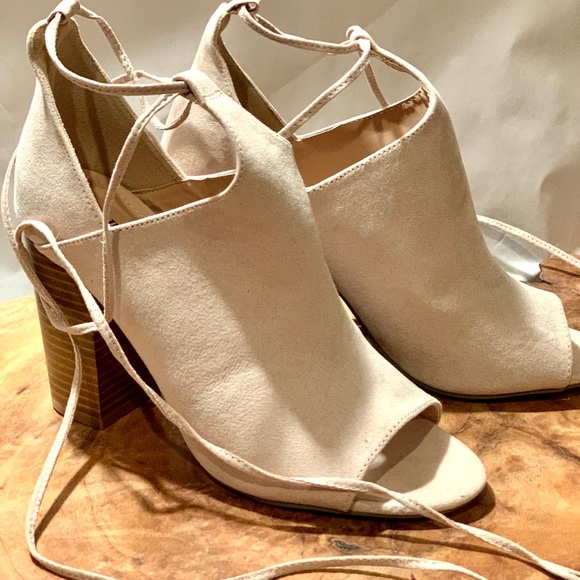 Women's White Suede Open Toe Lace up Booties - Picture 3 of 4